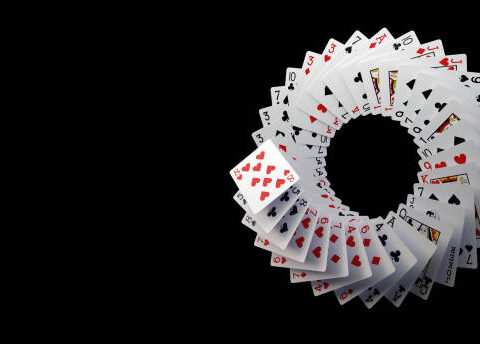 Modern White, Black And Red Playing Cards On Black Background. Empty Space.